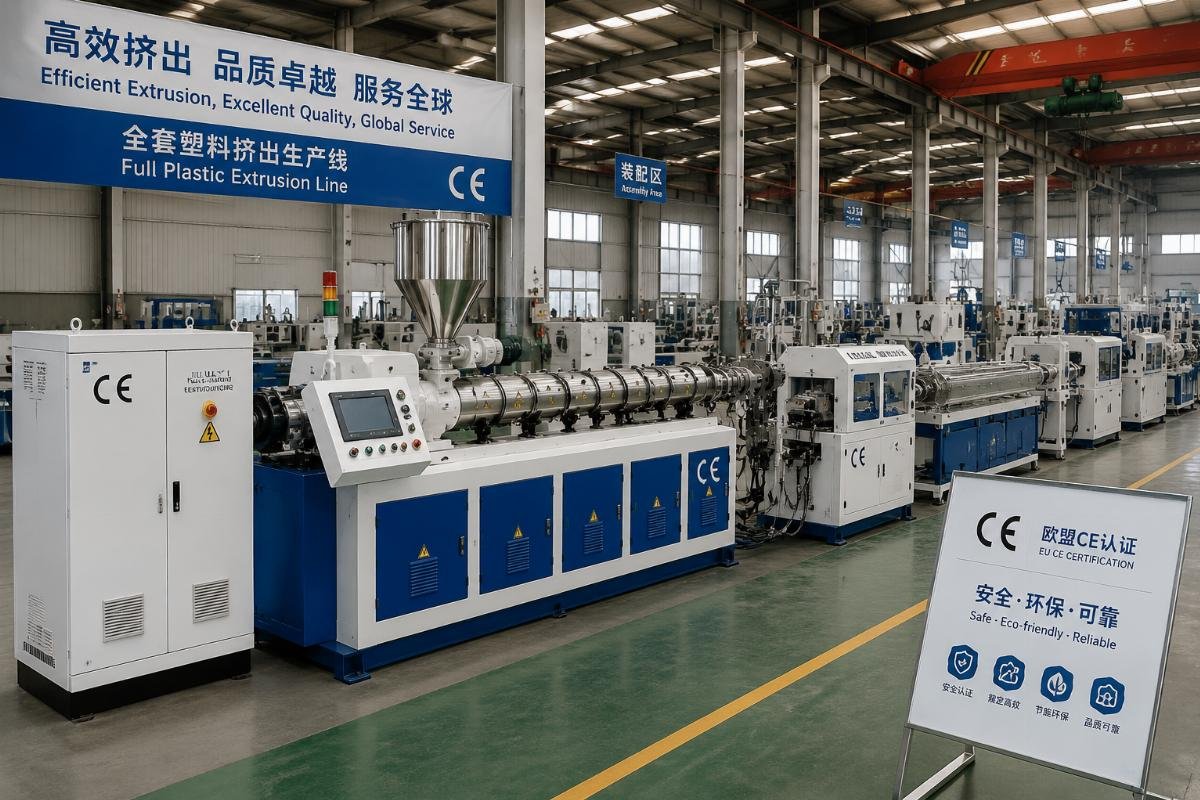 A certified full plastic extrusion line staged at a Chinese manufacturing facility, with visible CE marking on core components