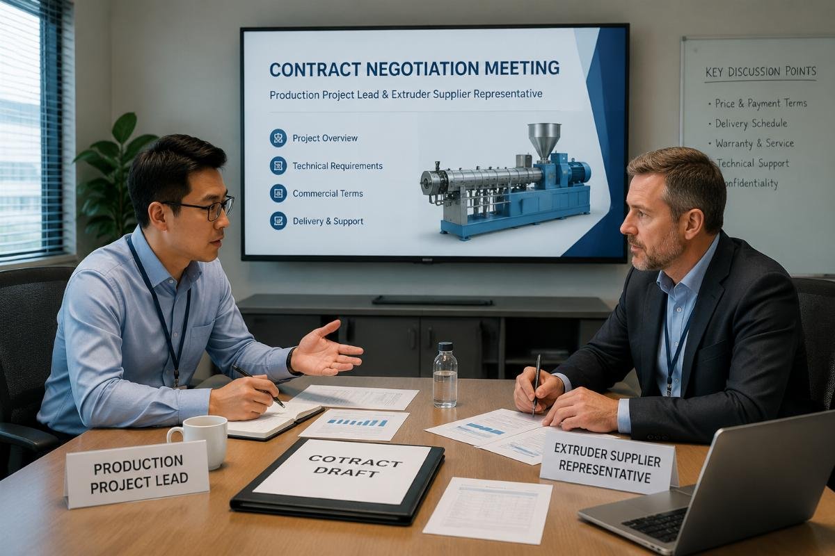 A contract negotiation meeting between a production project lead and extruder supplier representative