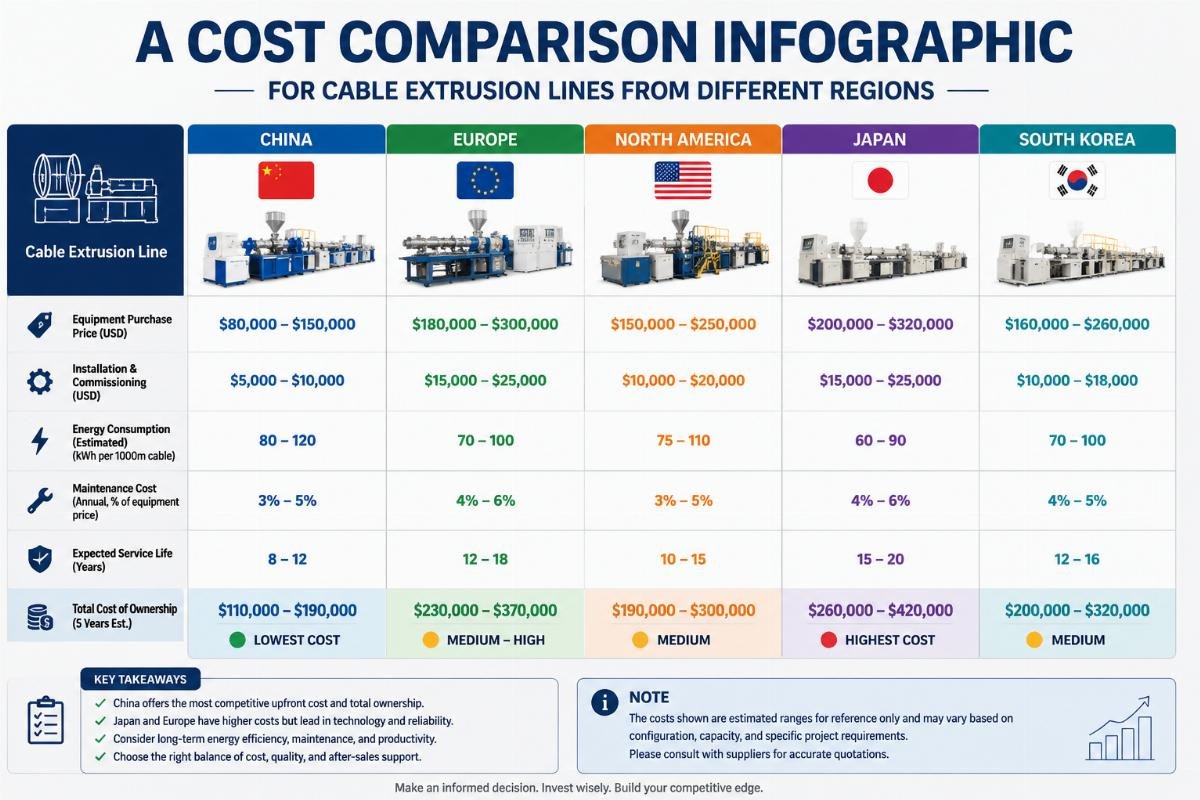 A cost comparison infographic for cable extrusion lines from different regions