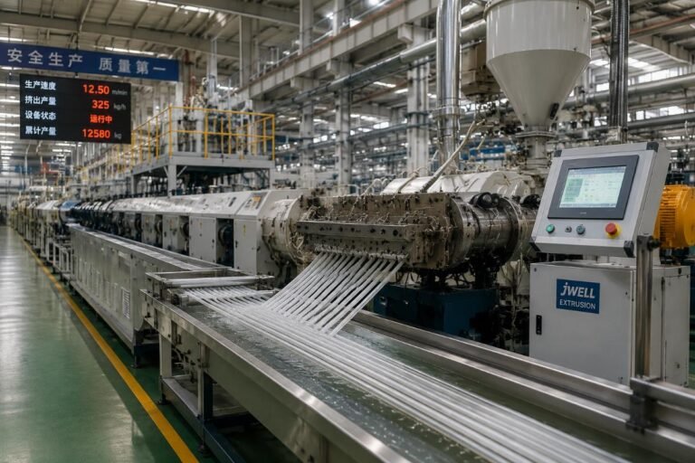 A factory floor with a fully operational plastic extrusion line running consistent output