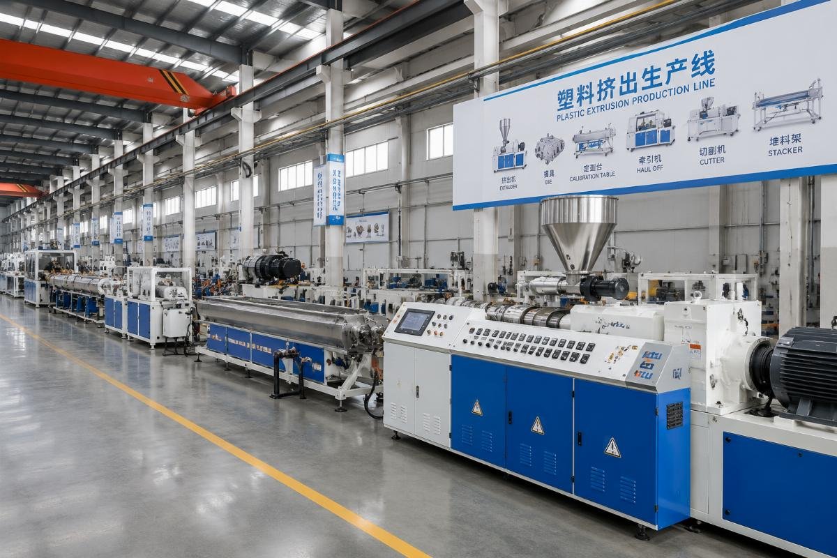 A full set of plastic extrusion production lines installed in a factory facility
