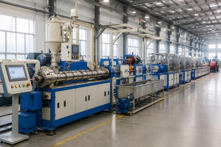 A fully assembled cable insulation extrusion line running in a production facility