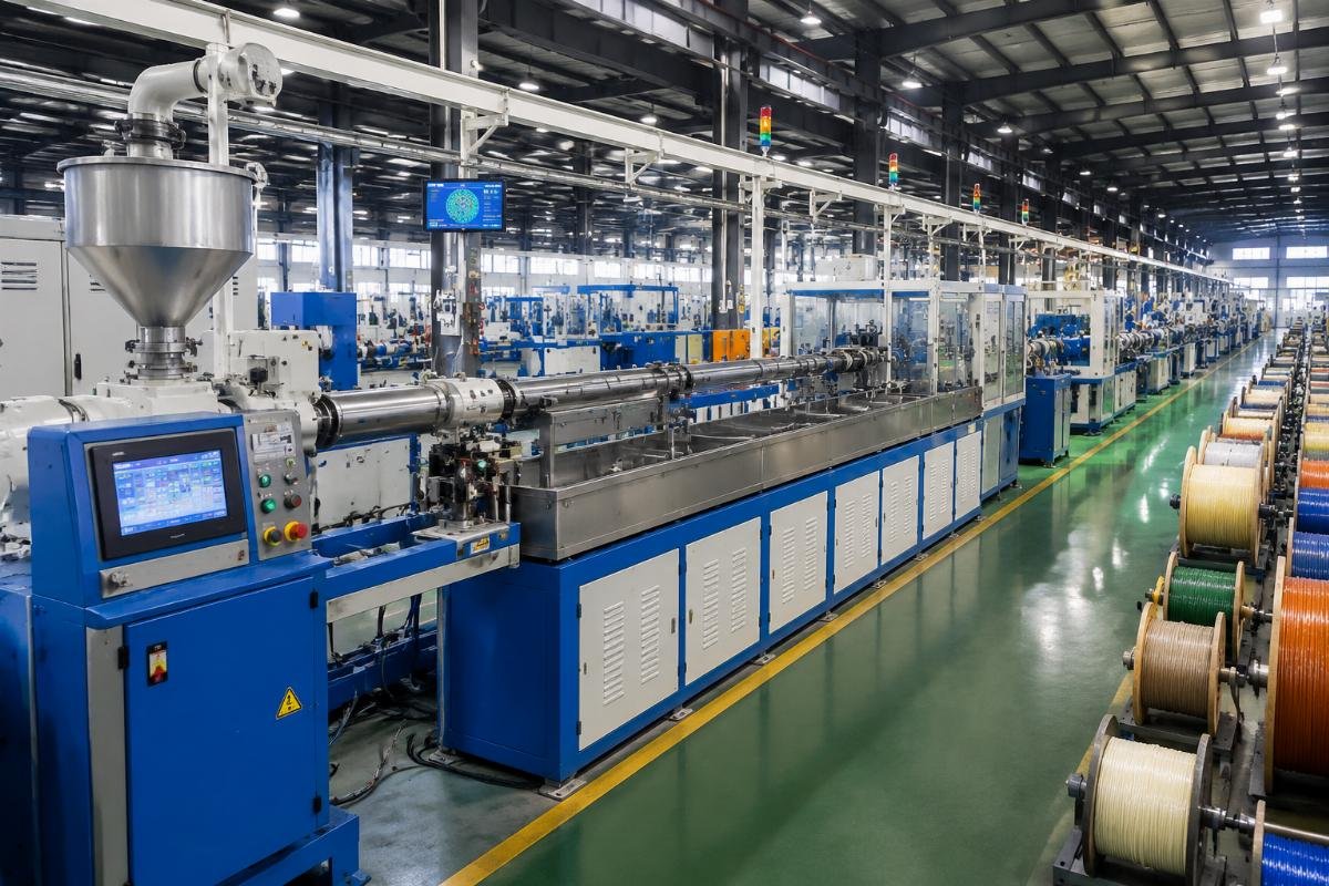 A fully assembled loose tube extrusion line running at stable output in an optical cable production facility