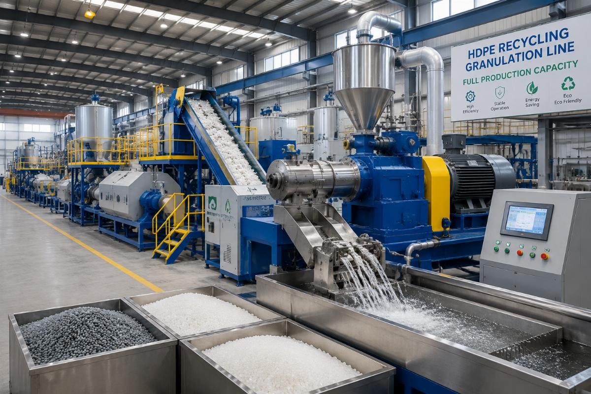 A fully commissioned HDPE recycling granulation line running at full production capacity