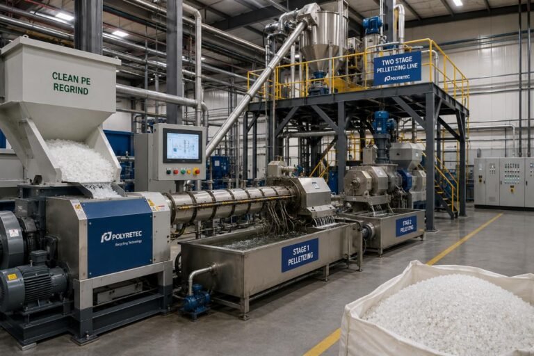 A fully operational two stage pelletizing line processing clean PE regrind in a recycling facility