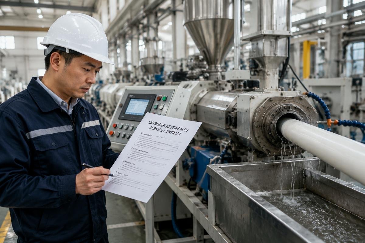 A production line operator reviewing extruder after-sales contract terms next to a running PVC pipe production unit
