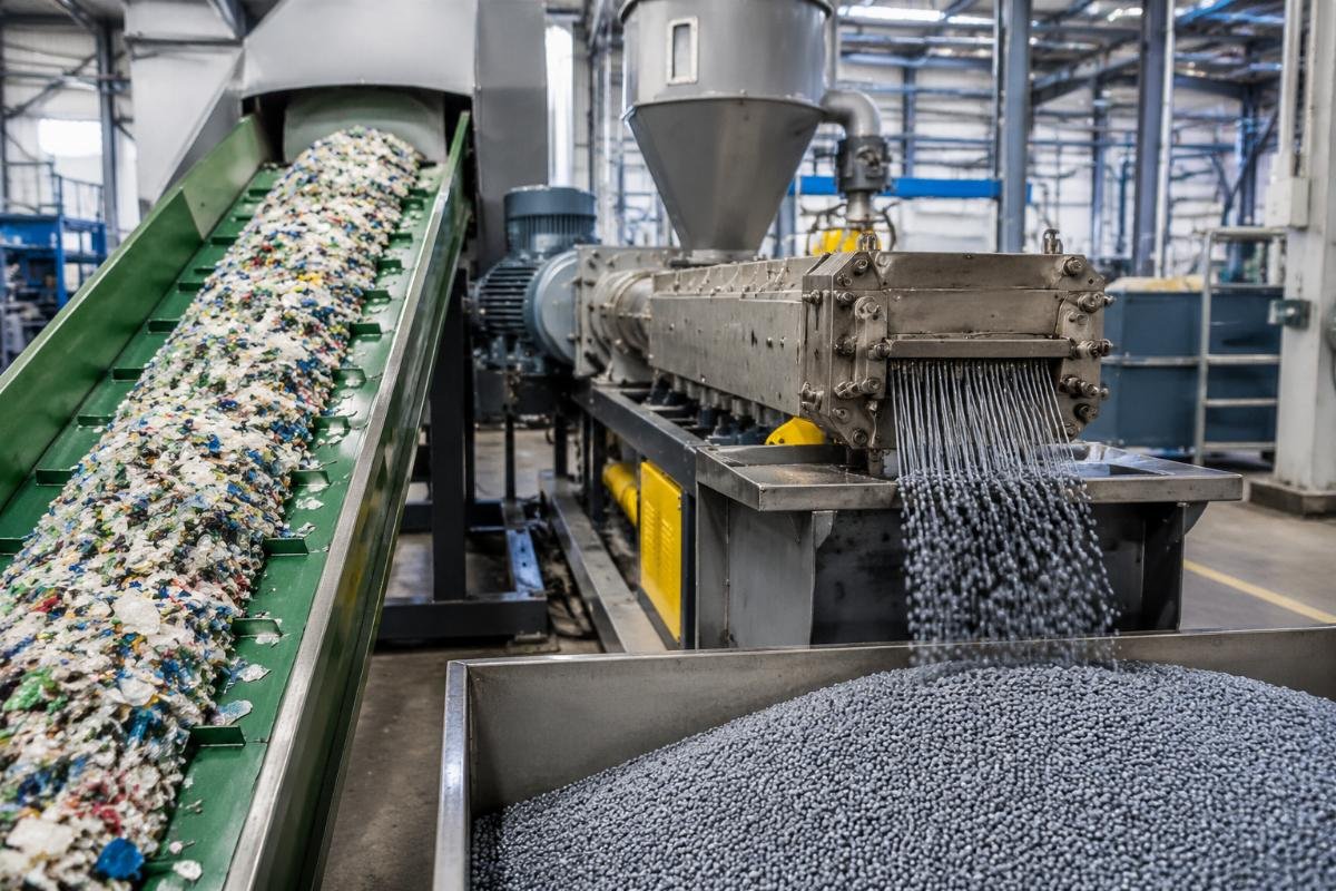 A recycling and granulation line processing mixed plastic waste into uniform pellets