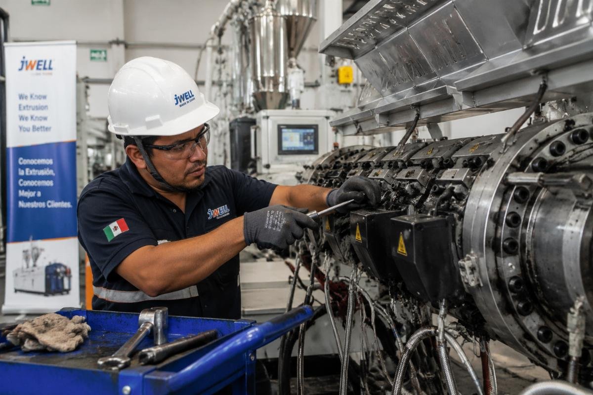 A service engineer completing on-site extruder maintenance at a plastic production facility in Latin America