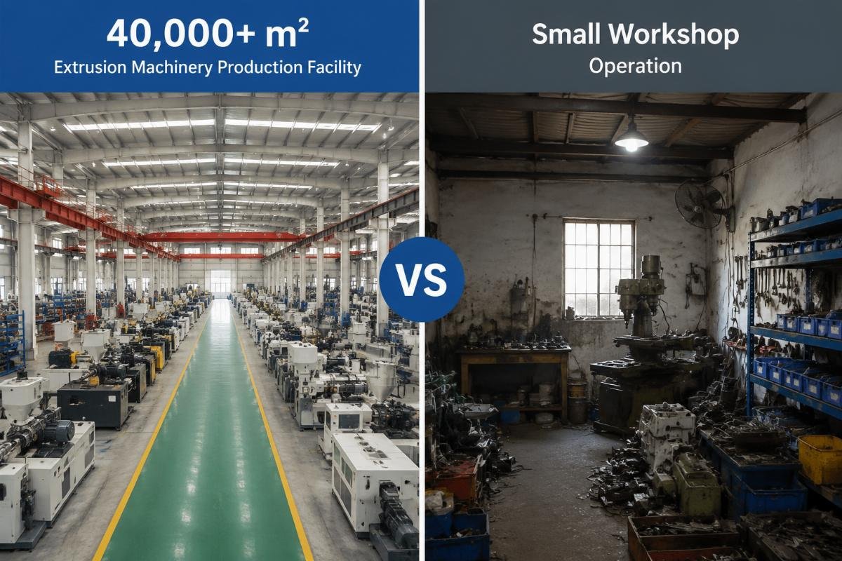 A side-by-side comparison of a 40,000+ square meter extrusion machinery production facility and a small workshop operation