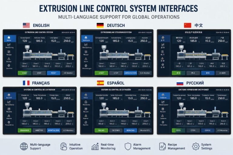 A side-by-side comparison of extrusion line control system interfaces in multiple languages