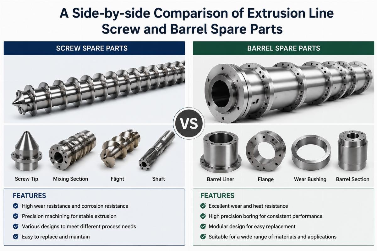 A side-by-side comparison of extrusion line screw and barrel spare parts