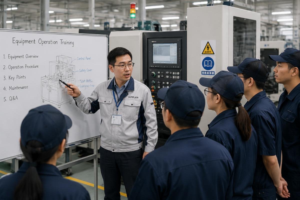 A supplier engineer conducting on-site operator training for a production team