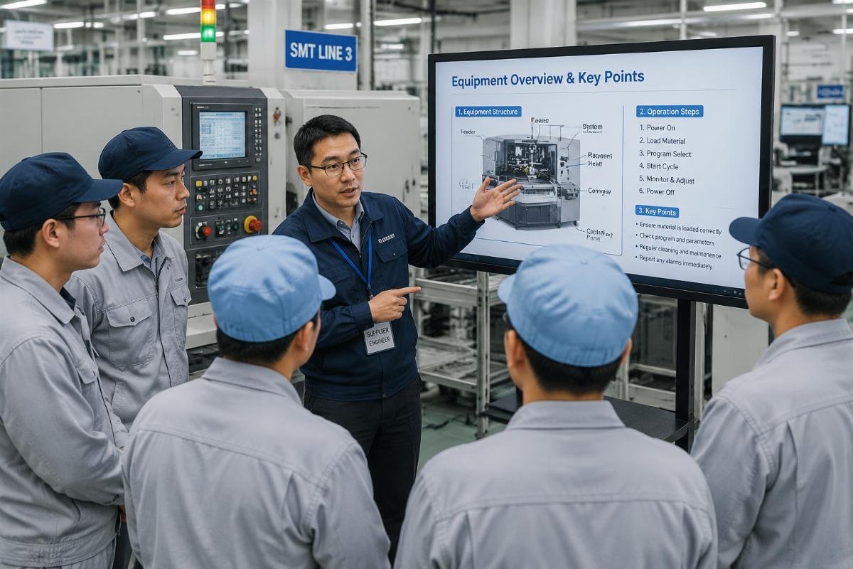 A supplier engineer providing on-site training to factory operators