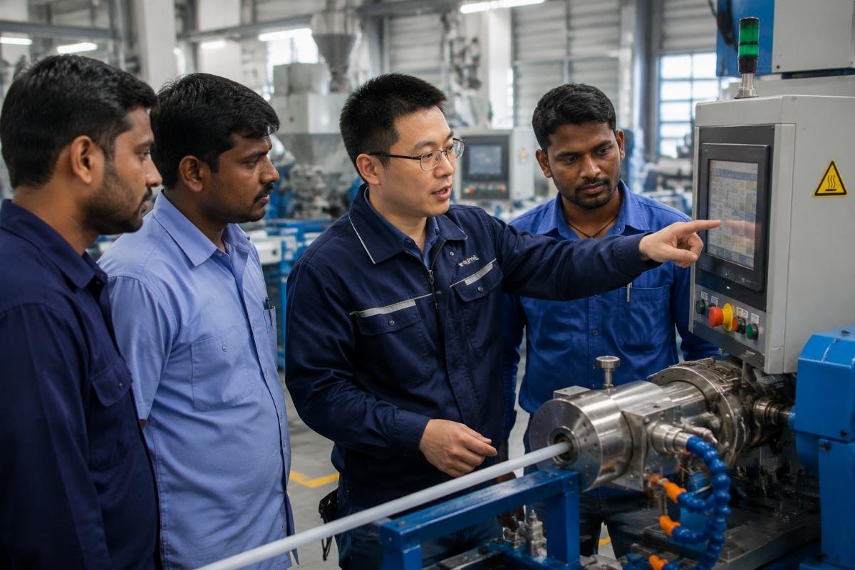 A supplier engineer training local operators on loose tube extrusion line operation