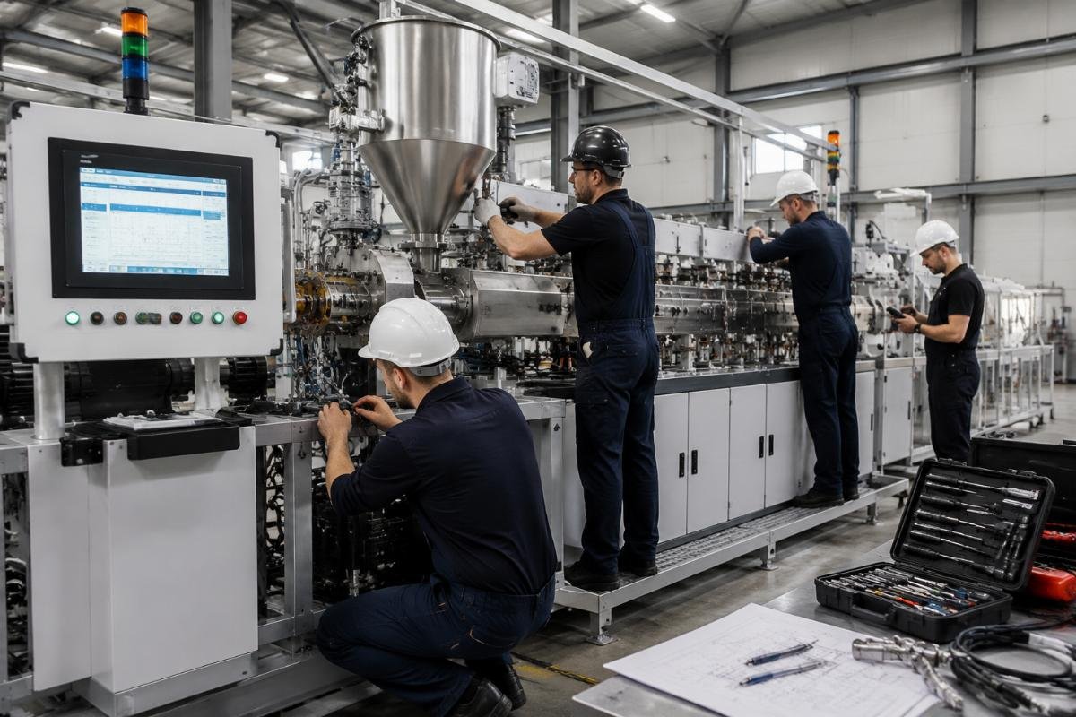 A team of engineers completing on-site installation of an extrusion line at a European manufacturing facility