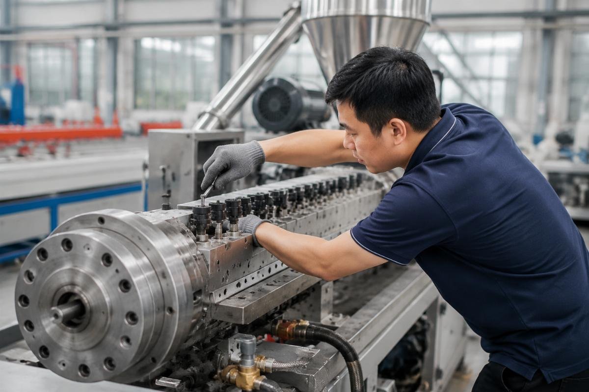 A technician adjusting screw configuration on a custom extrusion line