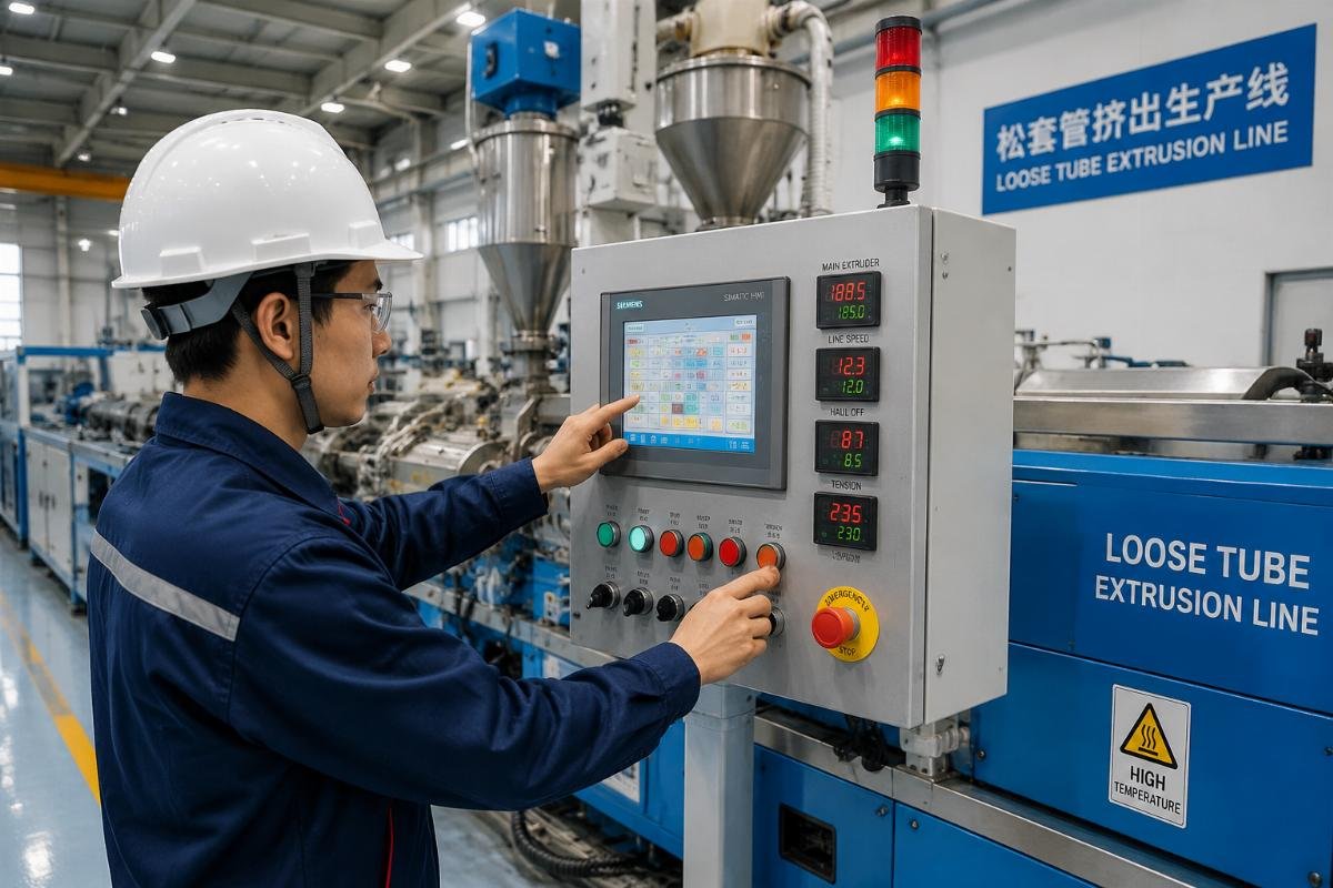 A technician adjusting the control panel of a loose tube extrusion line during commissioning