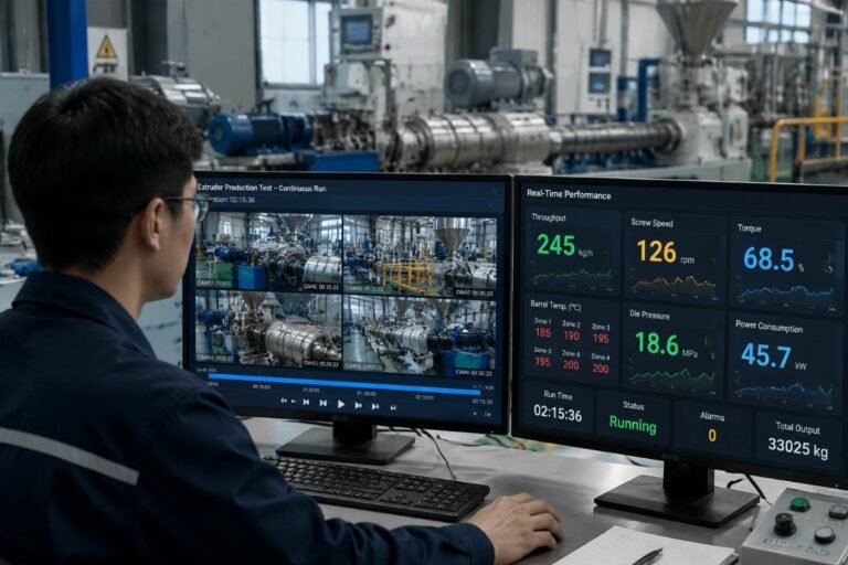 A technician reviewing 2+ hours of continuous extruder production test footage alongside real-time performance metrics