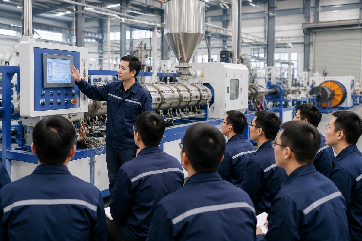 A technician training session for operating a new cable extrusion line
