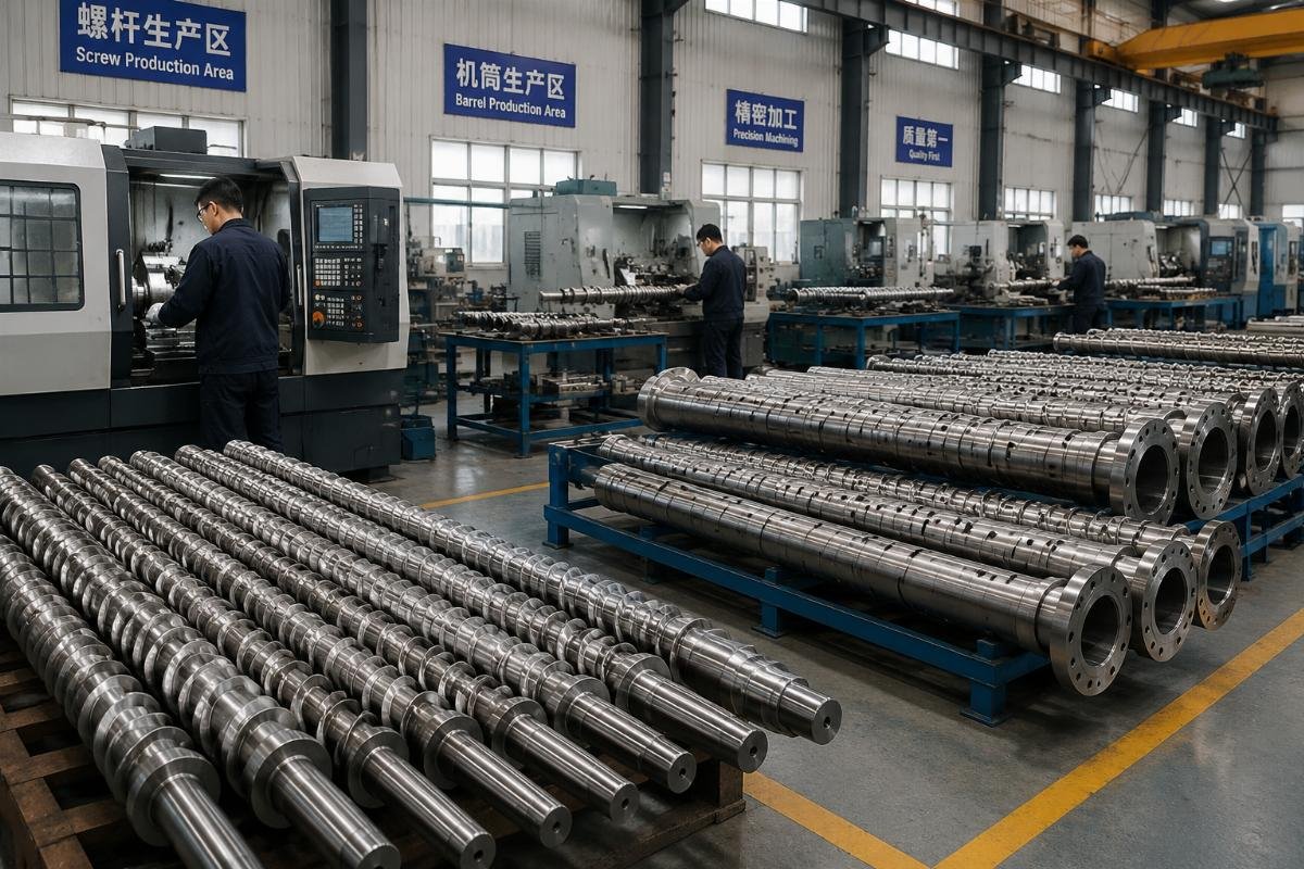 A workshop section showing screw and barrel production for extrusion machines