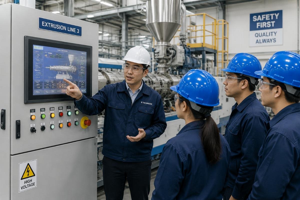 An engineer training factory operators on a new extrusion line control panel
