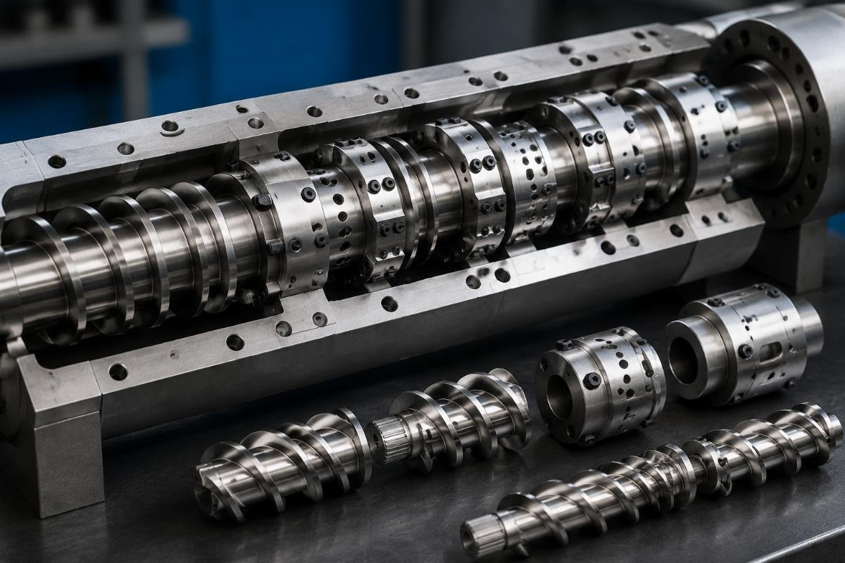 Close-up of a modular extruder screw assembly with adjustable segment configurations