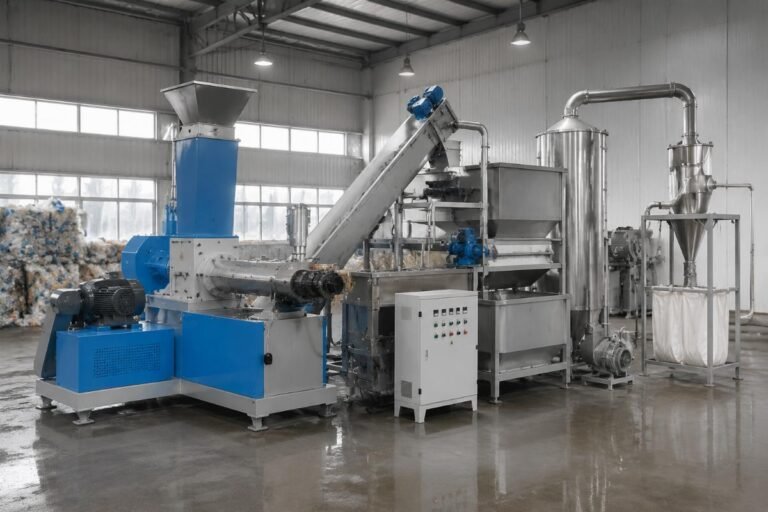 Compact single stage pelletizer integrated with washing and drying module on a small recycling plant floor