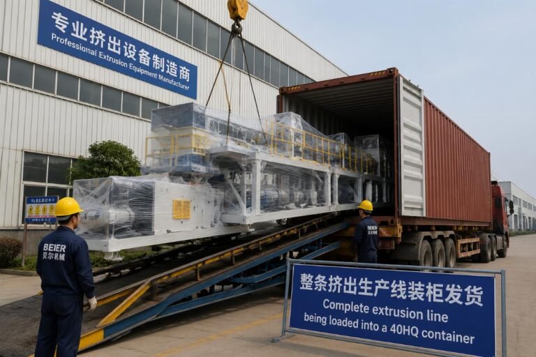 Complete extrusion line being loaded into a 40HQ container at a Chinese manufacturing facility