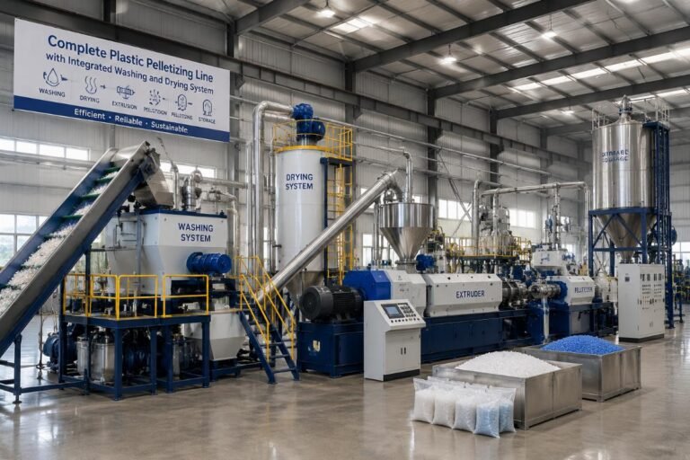 Complete plastic pelletizing line with integrated washing and drying system in a production facility