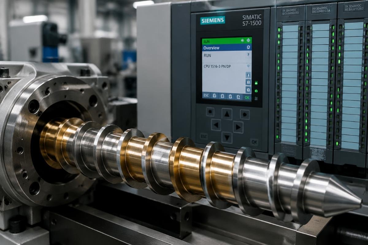 Core component close-up of a bimetallic screw and Siemens PLC control panel on an extrusion line