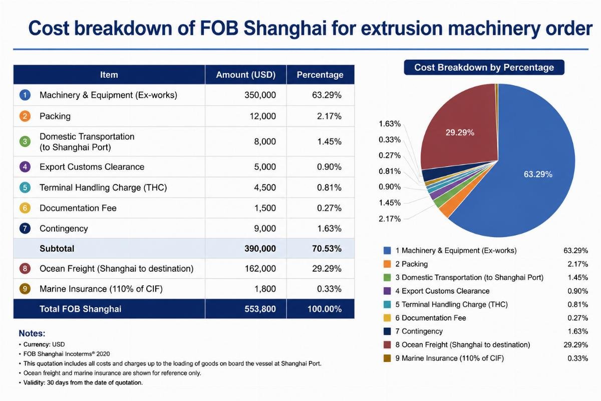 Cost breakdown of FOB Shanghai for extrusion machinery order