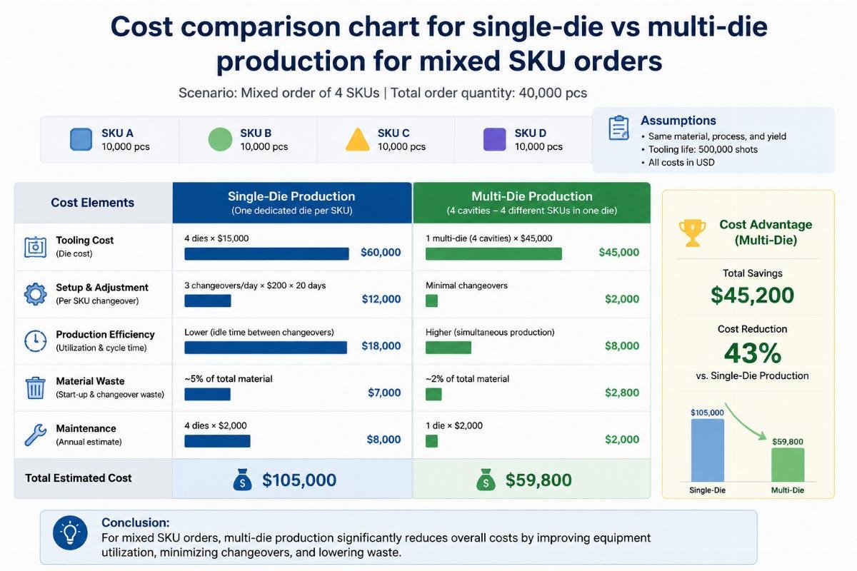 Cost comparison chart for single-die vs multi-die production for mixed SKU orders