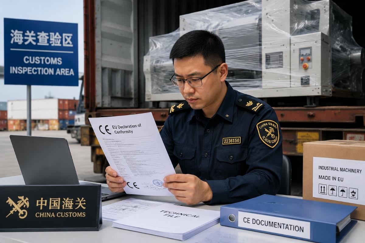 Customs clearance officer reviewing CE documentation for an industrial machinery shipment