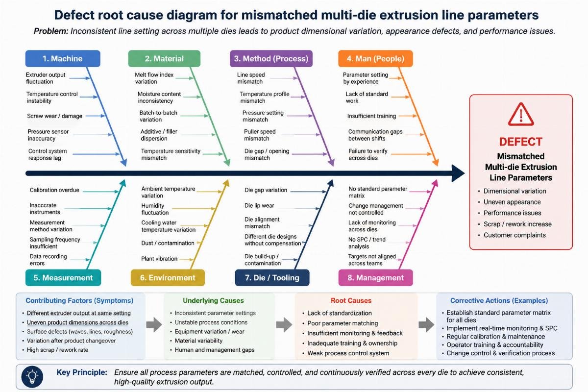 Defect root cause diagram for mismatched multi-die extrusion line parameters