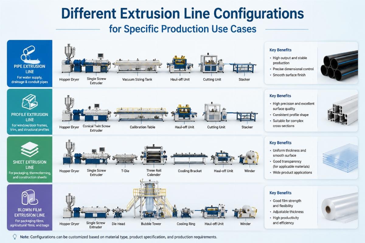 Different extrusion line configurations for specific production use cases
