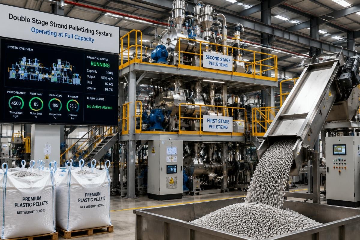 Double stage strand pelletizing system operating at full capacity