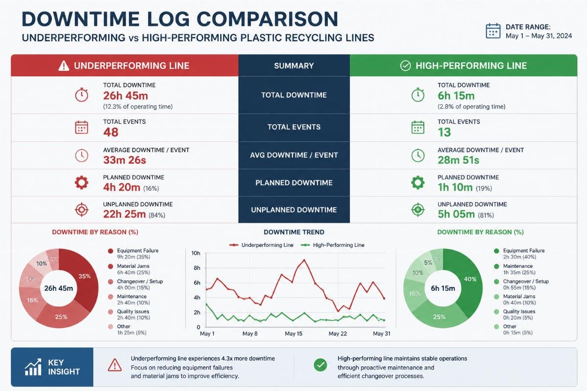 Downtime log comparison for underperforming and high-performing plastic recycling lines