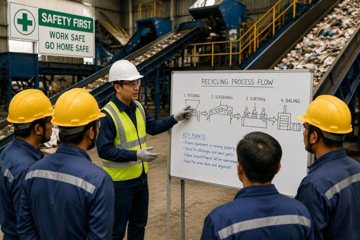 Engineer conducting on-site line training for recycling plant operators