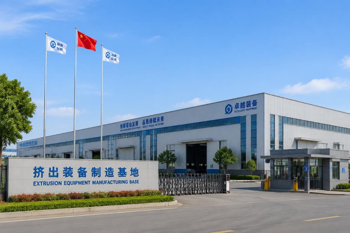 Exterior view of a large scale extrusion equipment manufacturing facility in China