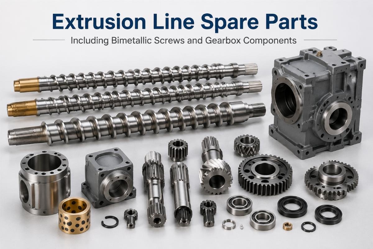 Extrusion line spare parts including bimetallic screws and gearbox components