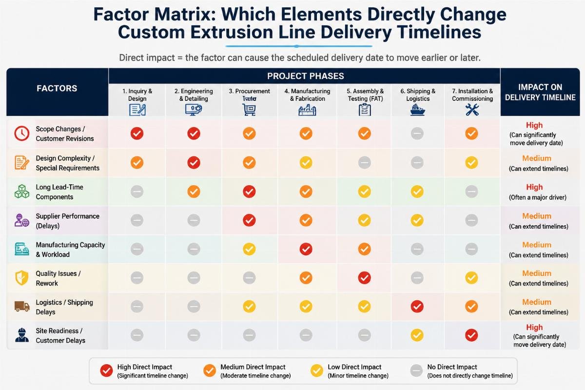 Factor matrix showing which elements directly change custom extrusion line delivery timelines