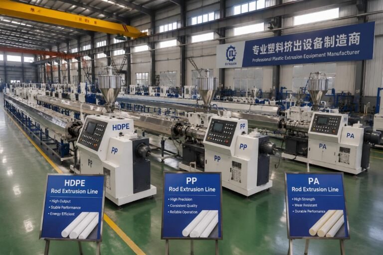 Factory floor displaying assembled plastic rod extrusion lines for HDPE, PP and PA production