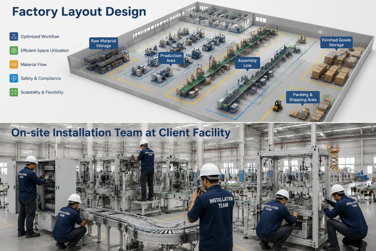 Factory layout design and on-site installation team at a client facility