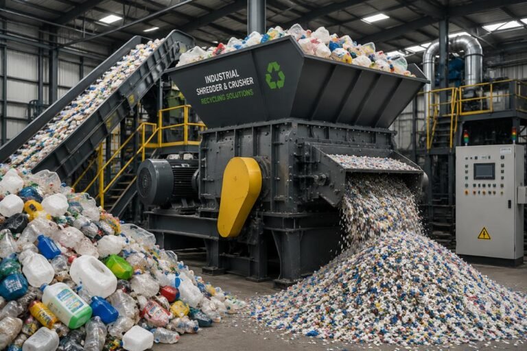 Industrial plastic shredder and crusher unit processing mixed post-consumer plastic waste