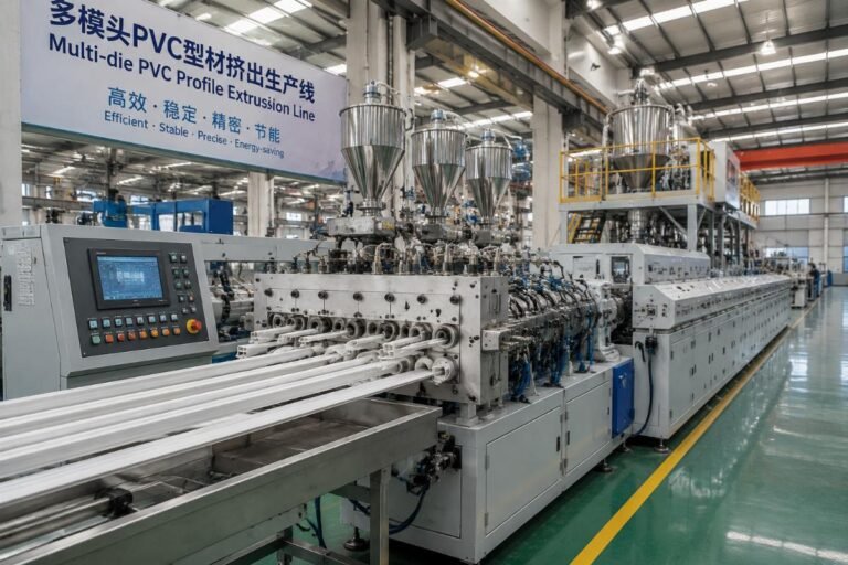 Multi-die PVC profile extrusion line in operation at a factory floor