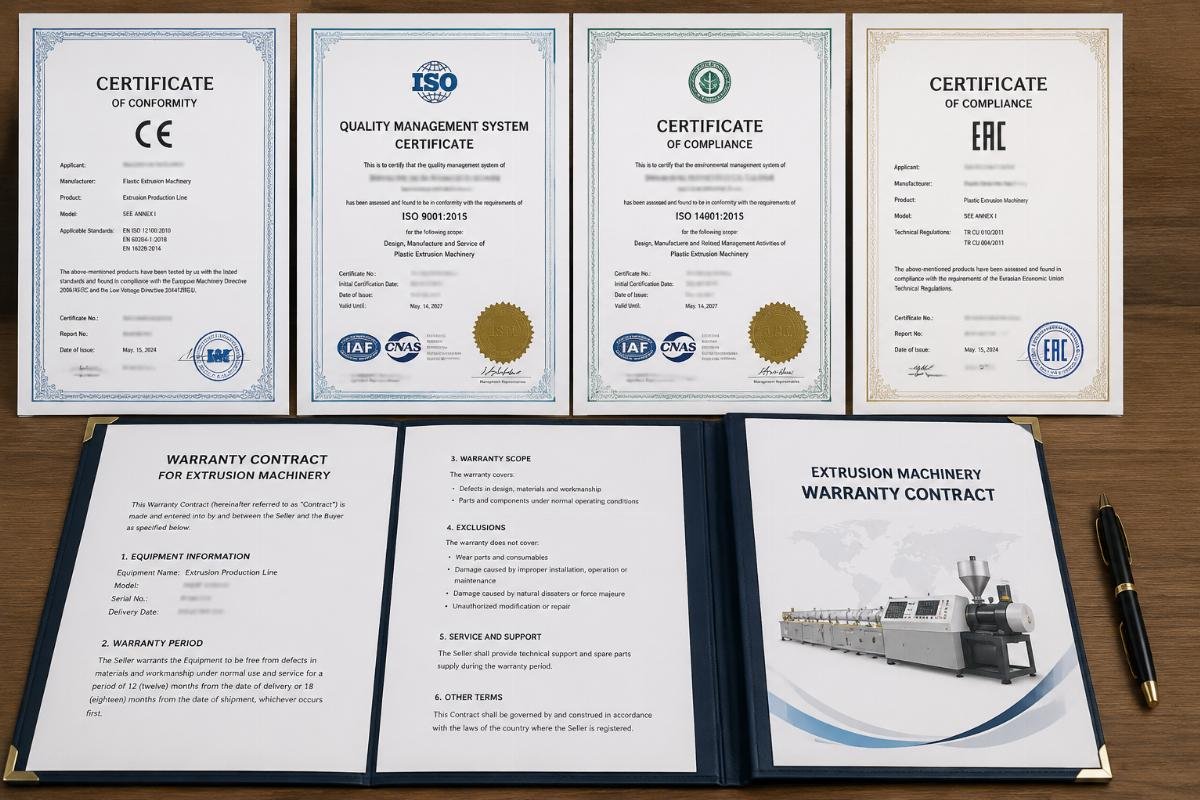 Official certification documents and warranty contract sample for extrusion machinery