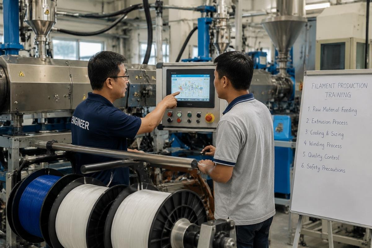 On-site engineer training session for a filament production line operator at a client facility