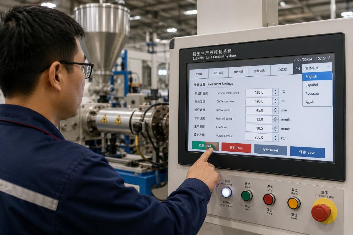 Operator adjusting parameters on an extrusion line control panel with multilingual interface