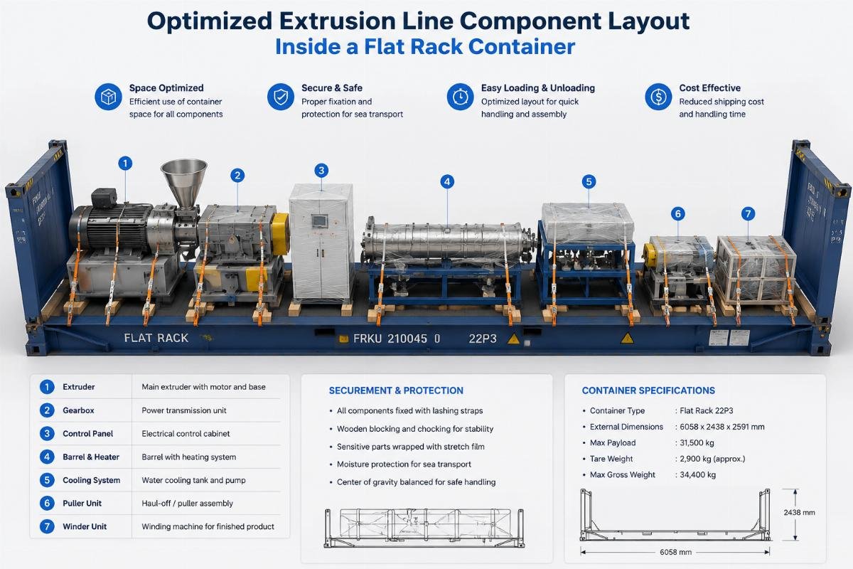 Optimized extrusion line component layout inside a flat rack container