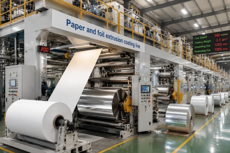 Paper and foil extrusion coating line operating in a packaging production facility